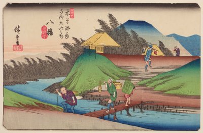 Yawata, Hütte auf einem Hügel über einem Bächlein, Tafel 25. aus der Serie: Neunundsechzig Etappen der Kisokaido-Straße von Keisai Eisen