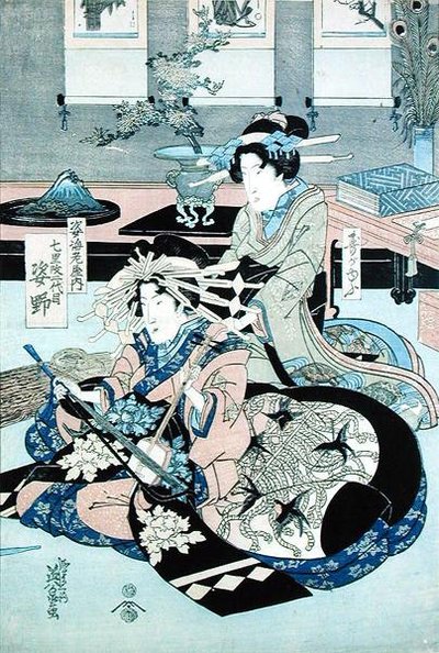 Zwei sitzende Damen, eine spielt die Samisen von Keisai Yeisen
