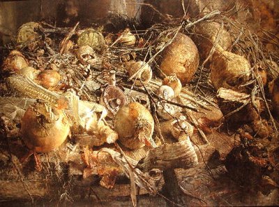 Stillleben mit Zwiebeln, Pilzen und Maiskolben von Kenneth Newton