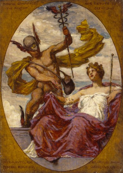Studie für Wandgemälde im U.S. Zollhaus, Cleveland, OH, Vorbeiziehender Handel zollt Tribut an die..., 1909 von Kenyon Cox