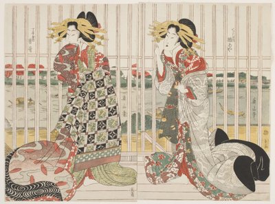 Die Kurtisanen Hinaya und Karauta hinter dem vergitterten Fenster des Chojiya-Hauses am Sumida-Fluss während der Kirschblütenzeit von Kikukawa Eizan