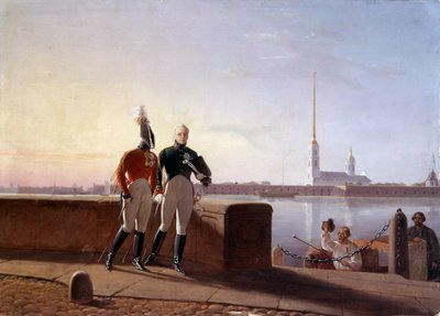 Der russische Zar Alexander I. (1777-1825) und sein Bruder Konstantin am Ufer der Newa von Kil