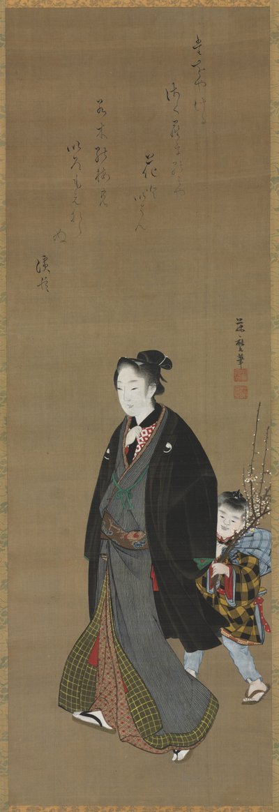 Mann spaziert mit einem Jungen, der einen blühenden Zweig trägt, ca. 1810 von Kitagawa Fujimaro