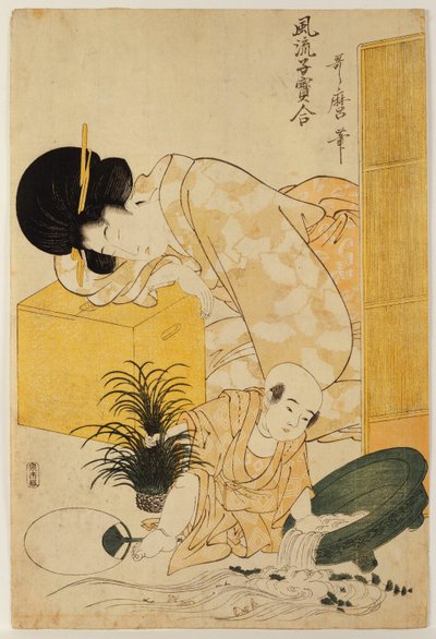 Eine Mutter döst, während ihr Kind eine Fischschale umkippt, aus der Serie "Vergleich modischer Kinder" von Kitagawa Utamaro