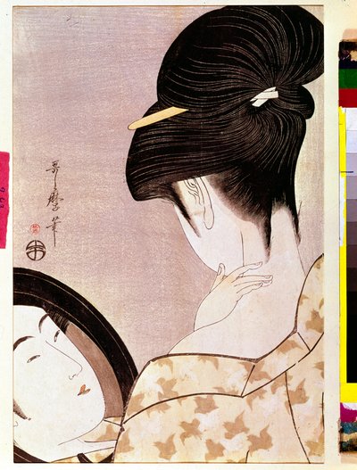 Eine Frau, die ihren Hals mit Schatten pudert. Japanischer Druck von Utamaro Kitagawa (1753-1806). 1795-1796. Paris, Musée Guimet, Nationalmuseum für asiatische Künste von Kitagawa Utamaro
