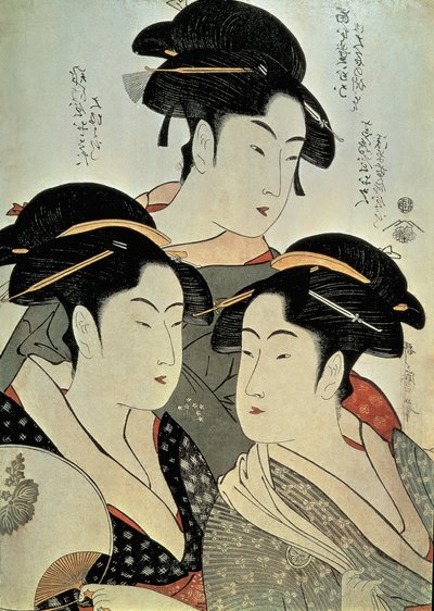 Nahaufnahme eines Gemäldes von drei Frauen, Kitagawa Utamaro, Kansei-Ära, Japan von Kitagawa Utamaro