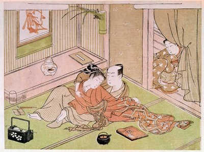 Paar, das sich unter dem Blick der Dienerin streichelt. Japanischer Druck von Utamaro Kitagawa (1753-1806). 18. Jahrhundert. Paris, Guimet Museum, Nationalmuseum für asiatische Künste von Kitagawa Utamaro