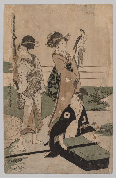 Daimyō und sein Gefolge überqueren einen Bach in der Ebene bei Fuji von Kitagawa Utamaro