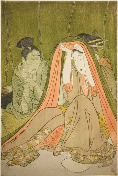 Hervorkommen aus einem Moskitonetz von Kitagawa Utamaro