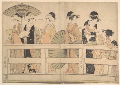 Genießen der kühlen Abendbrise auf und unter der Brücke von Kitagawa Utamaro