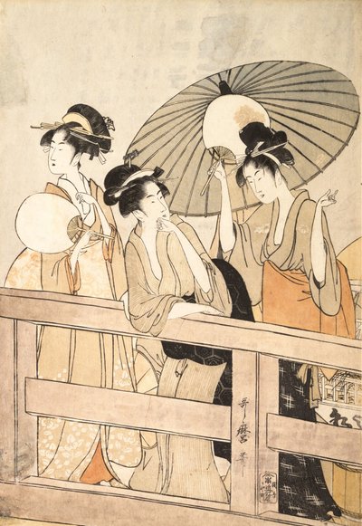 Genießen der kühlen Abendbrise auf und unter der Brücke, ca. 1800 von Kitagawa Utamaro