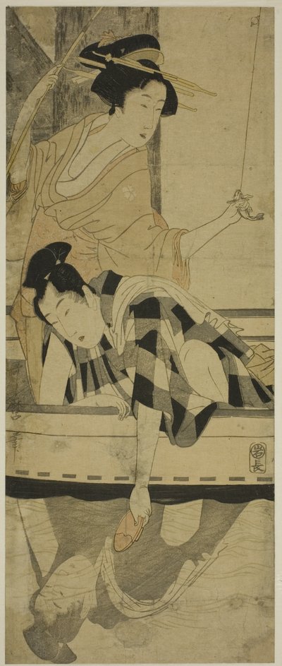 Angeln unter einer Brücke von Kitagawa Utamaro