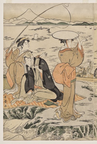 Angeln auf dem Hackbrettfelsen bei Enoshima von Kitagawa Utamaro