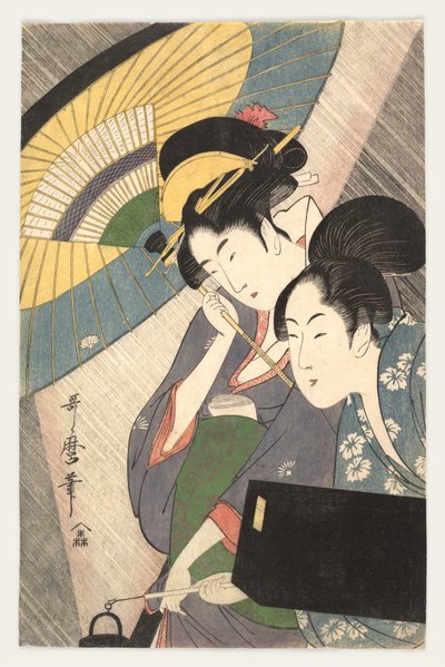 Geisha und Begleiterin in einer regnerischen Nacht von Kitagawa Utamaro