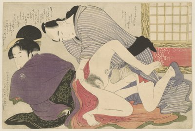 Geisha und Liebhaber bei freistehendem Paravent von Kitagawa Utamaro