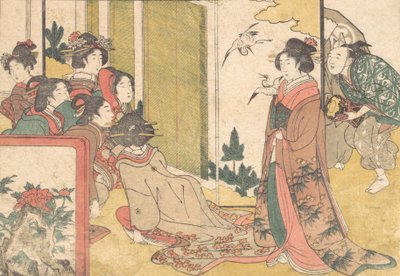 Mädchen, die von Darstellern unterhalten werden, aus dem illustrierten Buch Blumen der vier Jahreszeiten, 1801 von Kitagawa Utamaro