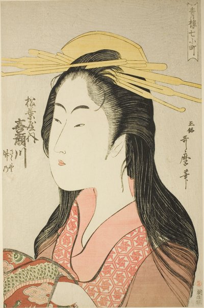 Kisegawa vom Matsubaya, [deren Begleiter sind] Sasano, Takeno (Matsubaya uchi Kisegawa, Sasano, Takeno), aus der Serie "Sieben Komachi von Yoshiwara" ("Seiro nana Komachi") von Kitagawa Utamaro