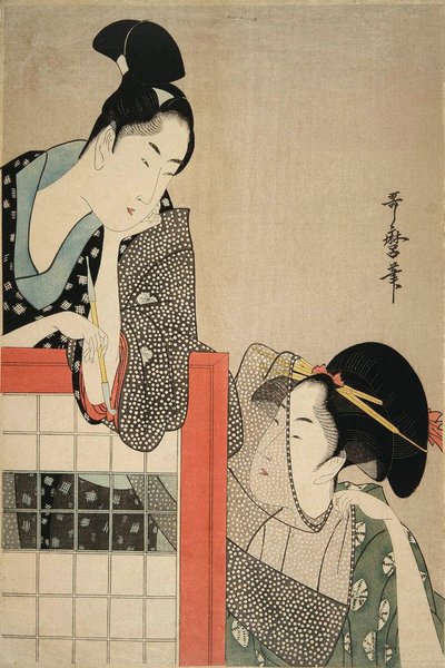 Dame und Herr vor einem Paravent von Kitagawa Utamaro