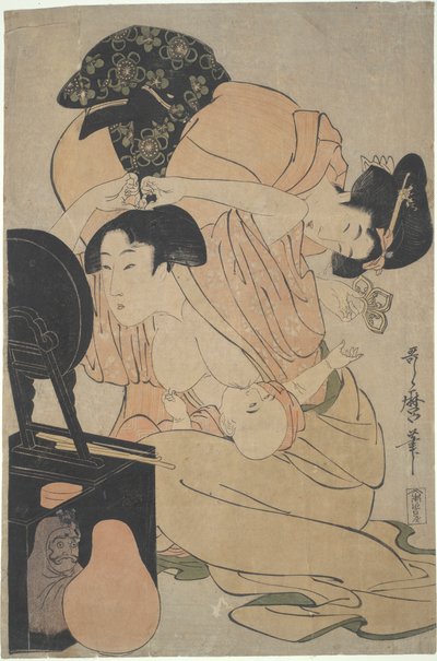 Mutter mit stillendem Baby und Begleiterin von Kitagawa Utamaro