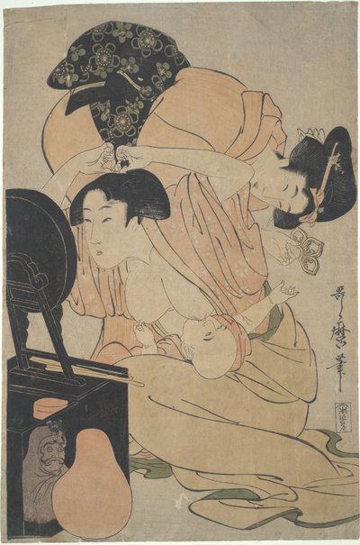 Mutter mit stillendem Baby und Begleiterin von Kitagawa Utamaro