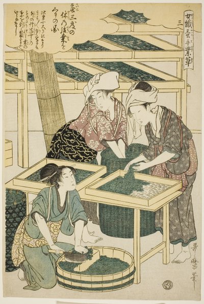 Nr. 3, aus der Serie "Frauen in der Seidenraupenzucht" von Kitagawa Utamaro