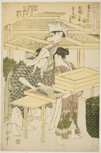Nr. 4 (shi), aus der Serie "Frauen in der Seidenraupenzucht" von Kitagawa Utamaro