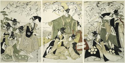 Parodie von Minamoto no Yoritomo, der Kraniche in Yuigahama freilässt von Kitagawa Utamaro