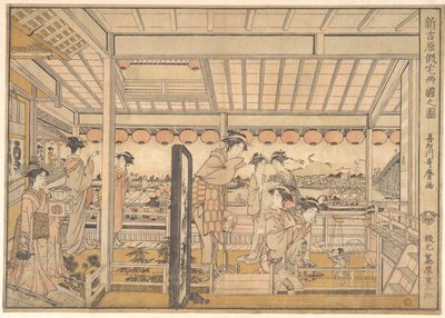 Bild der vorübergehenden Unterkünfte des neuen Yoshiwara-Vergnügungsviertels in Ryōgoku von Kitagawa Utamaro