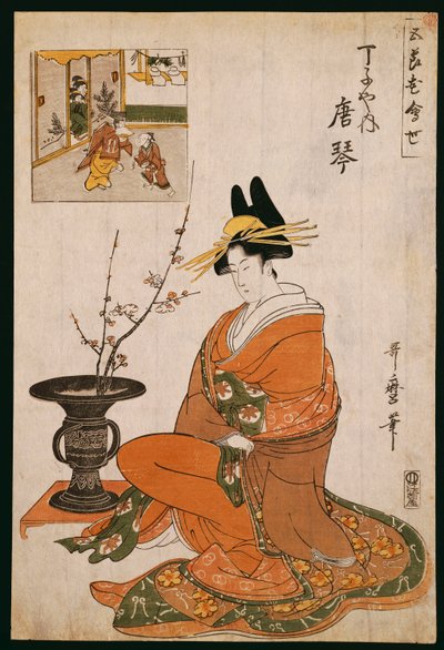 Die Kurtisane, Karakoto vom Chojiya, sitzt bei einem Arrangement von Pflaumenblüten von Kitagawa Utamaro