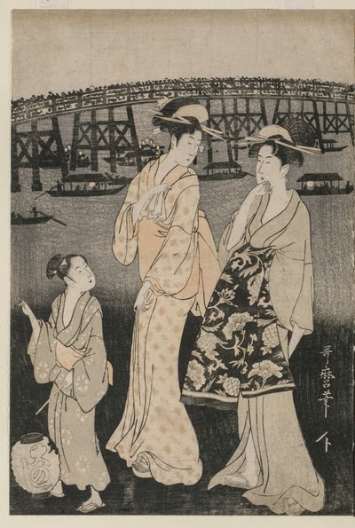 Frauen genießen die Abendkühle in der Nähe der Ryogoku-Brücke von Kitagawa Utamaro