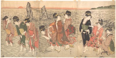 Frauen verehren die aufgehende Sonne zwischen den Zwillingsfelsen von Ise von Kitagawa Utamaro