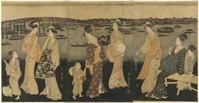 Frauen beobachten Feuerwerk am Sumida-Fluss von Kitagawa Utamaro