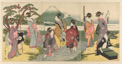 Junger Mann und seine Gruppe überqueren einen Bach vor dem Berg Fuji von Kitagawa Utamaro