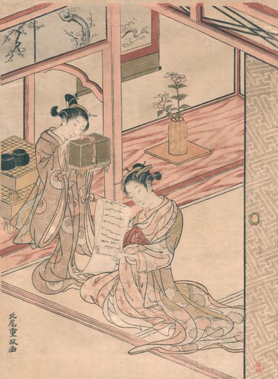 Kurtisane und junge Begleiterin in einem Salon von Kitao Shigemasa von Kitao Shigemasa