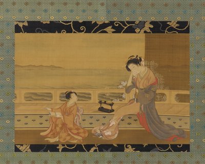 Zwei Mädchen auf einem Balkon mit Blick auf das Meer, Edo-Periode, 1739-1820 von Kitao Shigemasa