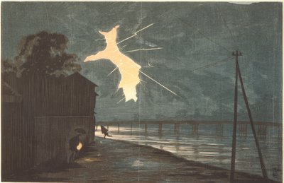 Donner und Blitz über der Onmaya-Brücke von Kiyochika Kobayashi
