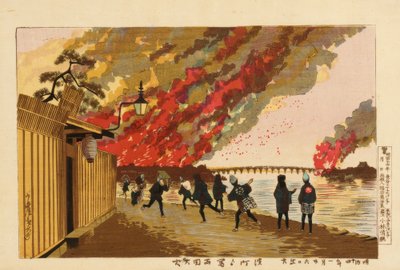 Großes Feuer bei Ryogoku von Hamacho aus gezeichnet, 26. Januar 1881 von Kiyochika Kobayashi