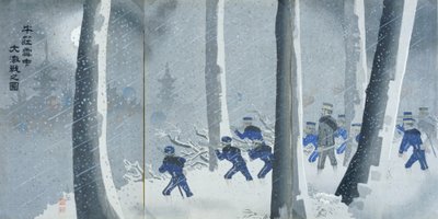 Heftige Schlacht im Schnee nahe Niuzhuang, Meiji-Periode von Kiyochika Kobayashi