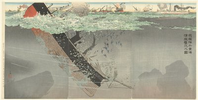 Onze vloot brengt Chinese oorlogsschepen tot zinken tijdens de slag in de Gele Zee von Kobayashi Kiyochika