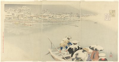 Zweiter Monat: Matsuchi-Hügel im Schnee bei Dämmerung, aus der Serie "Wahre Ansichten berühmter Orte in Tokio" von Kobayashi Kiyochika