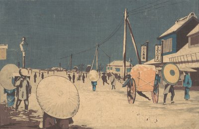 Straßenszene am Stadtrand von Edo an einem Winterabend, ca. 1878 von Kobayashi Kiyochika