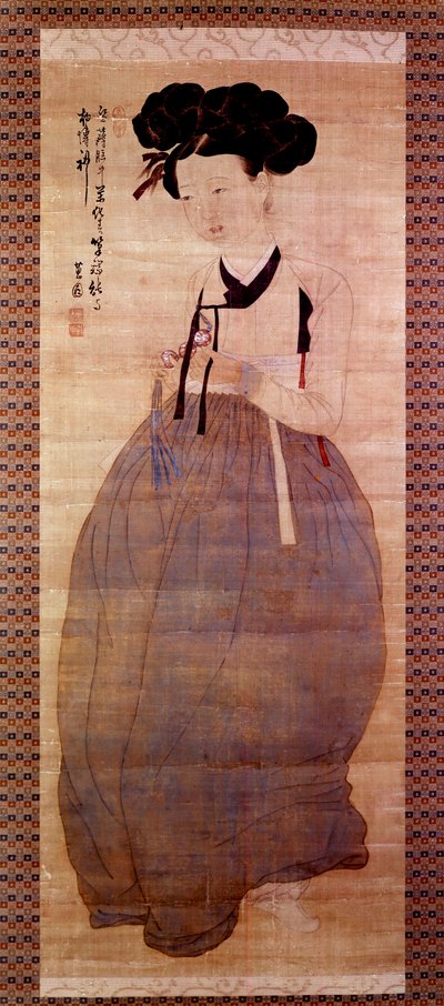 Koreanische Kunst: Porträt einer Geisha (Koreanisches Mädchen im Geisha-Kostüm). Druck von 1758. Private Sammlung. von Korean School