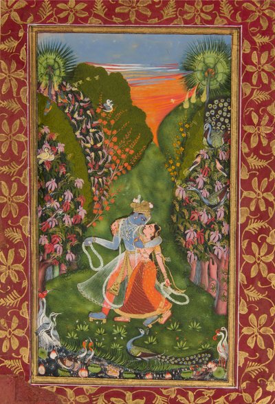 Radha und Krishna spazieren in einem blühenden Hain recto, Krishna flötend verso von Kota Master