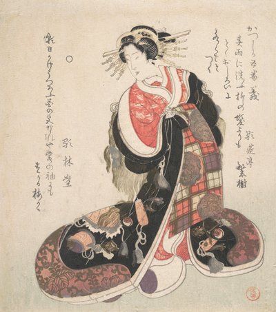 Kurtisane in einem aufwendig bestickten Kleid mit Glückssymbolen von Kubo Shunman