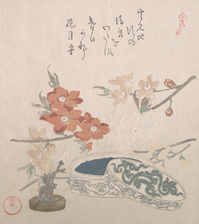 Pfirsichblüten, ein Siegel und eine Siegelbox von Kubo Shunman