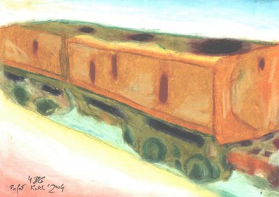 Alte orangefarbene Eisenbahnwagen von Kulik
