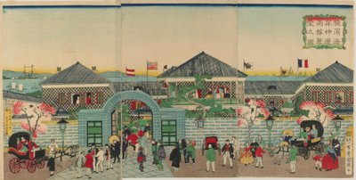 Bild des Wohlstands der Handelsbetriebe entlang Nakadouri in Yokohama, Meiji-Ära, 1870 von Kuniteru II Utagawa