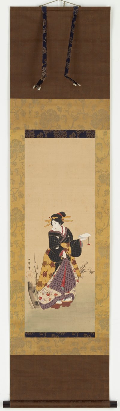 Eine Oiran steht neben einem Pflaumenbaum von Kuniyuki Utagawa