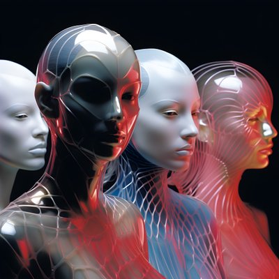 6 Frauen mit 3D parametrischen fluoreszierenden Plastikmasken in einer surrealen und parametrischen Zukunftsarchitektur von Kurt Heppke