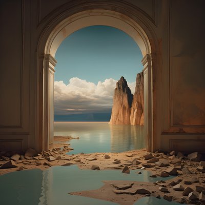 Ein Bild eines ungenutzten Raums mit einem riesigen See und einer Wüste in einem großen Loch, Futurecore, hoher Kontrast, Chiaroscuro, warme Töne 1 von Kurt Heppke